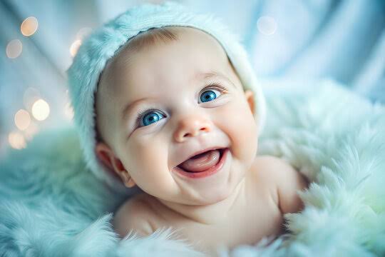 A smiling baby in a pink basket