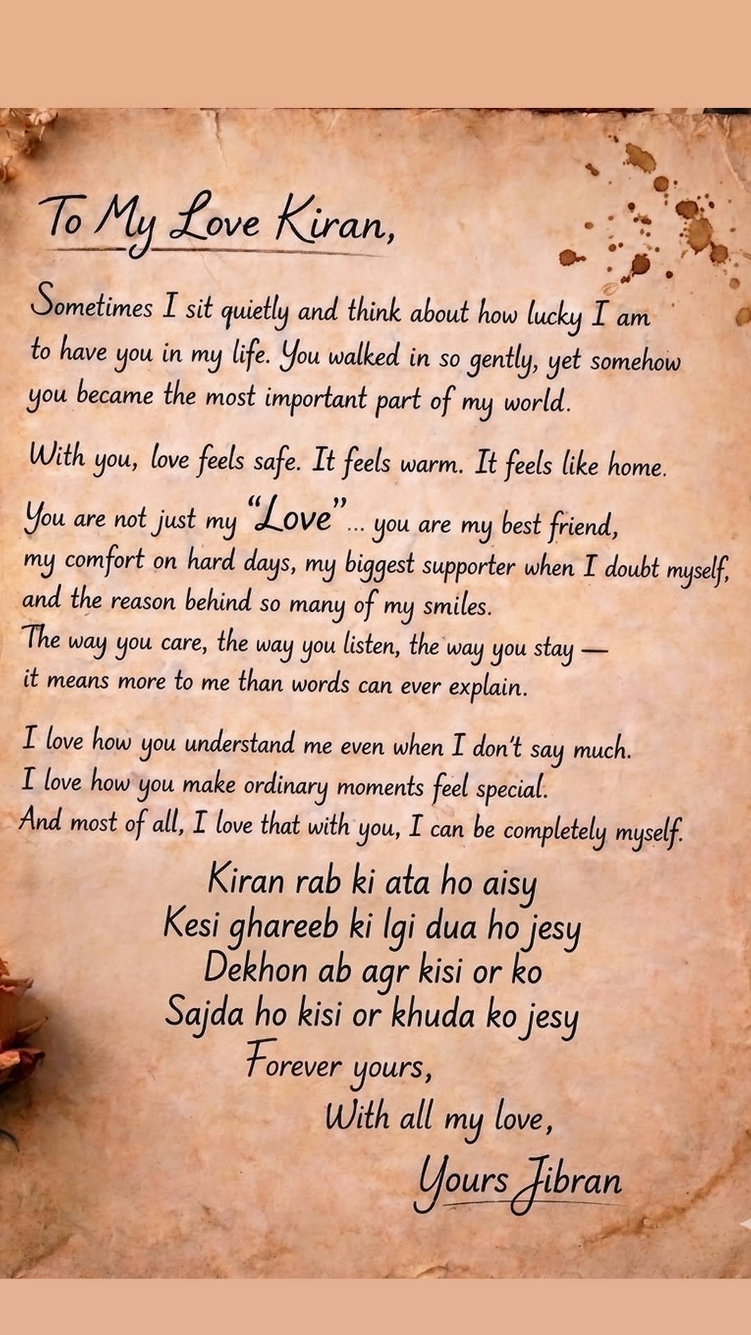 A handwritten love letter beginning “To My Love Kiran”